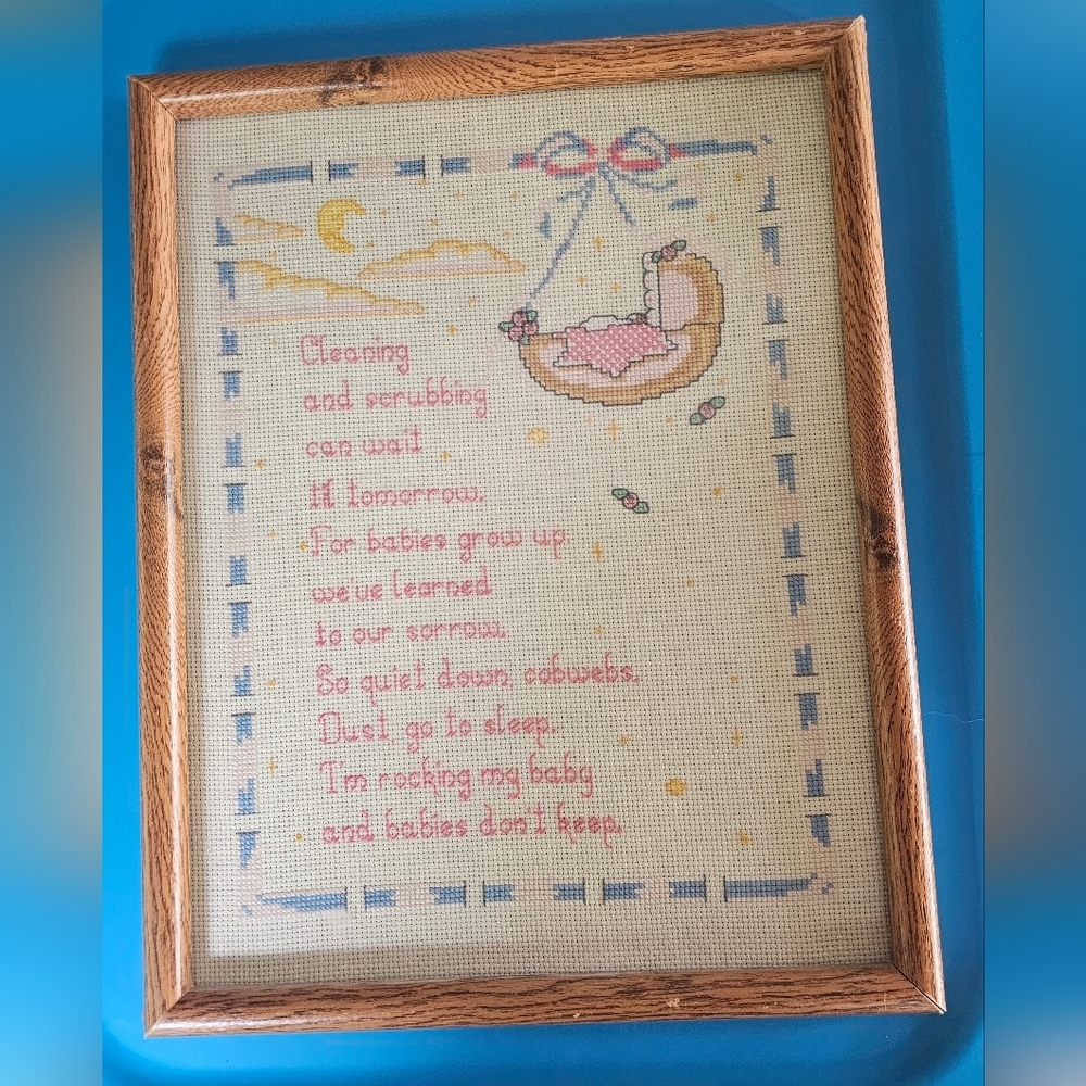 VTG Framed Cross-Stitch Art with Sweet Saying Mother Parent Baby